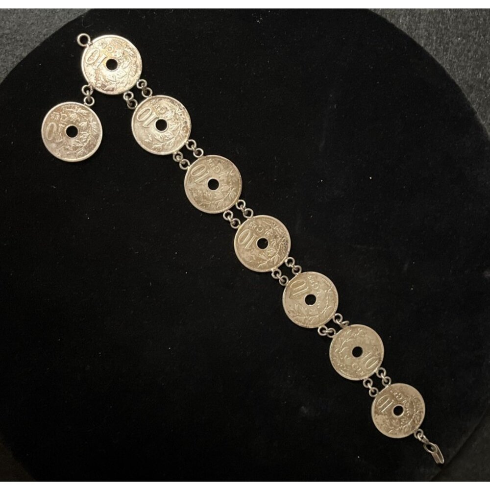 Antique Belgium 10 Centimes Coin Bracelet 8" 1903-1906 Leopold II Coin Jewelry